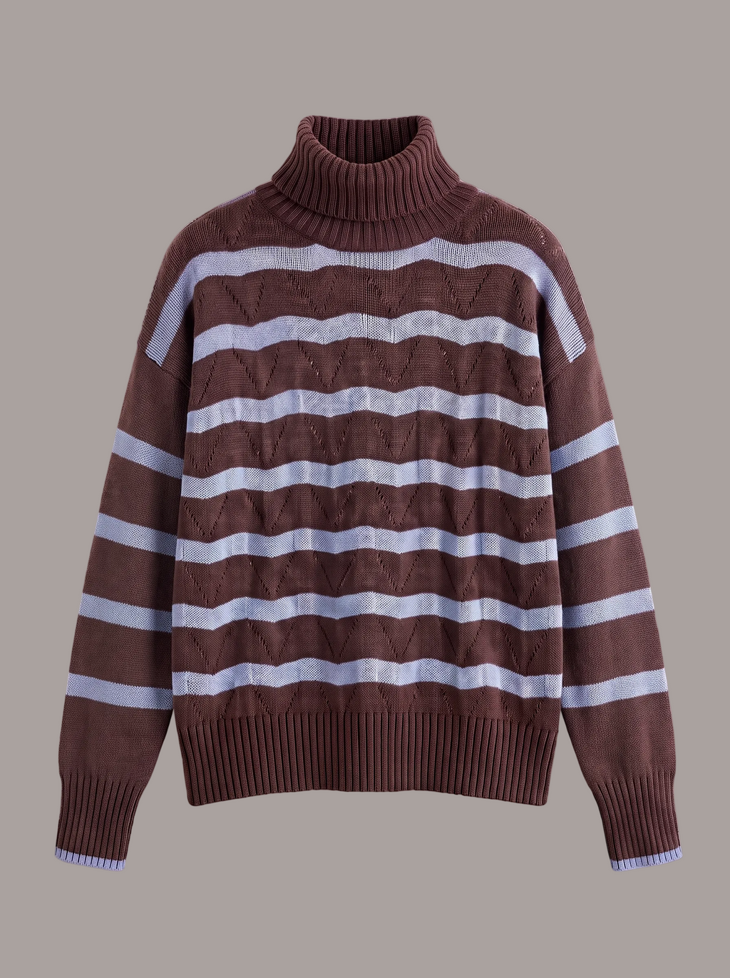 A pure merino brown and celeste horizontally striped turtleneck jumper with textured knit patterns, knitted in Verona. Aeteria Edition 01
