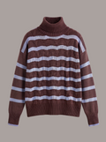 A pure merino brown and celeste horizontally striped turtleneck jumper with textured knit patterns, knitted in Verona. Aeteria Edition 01