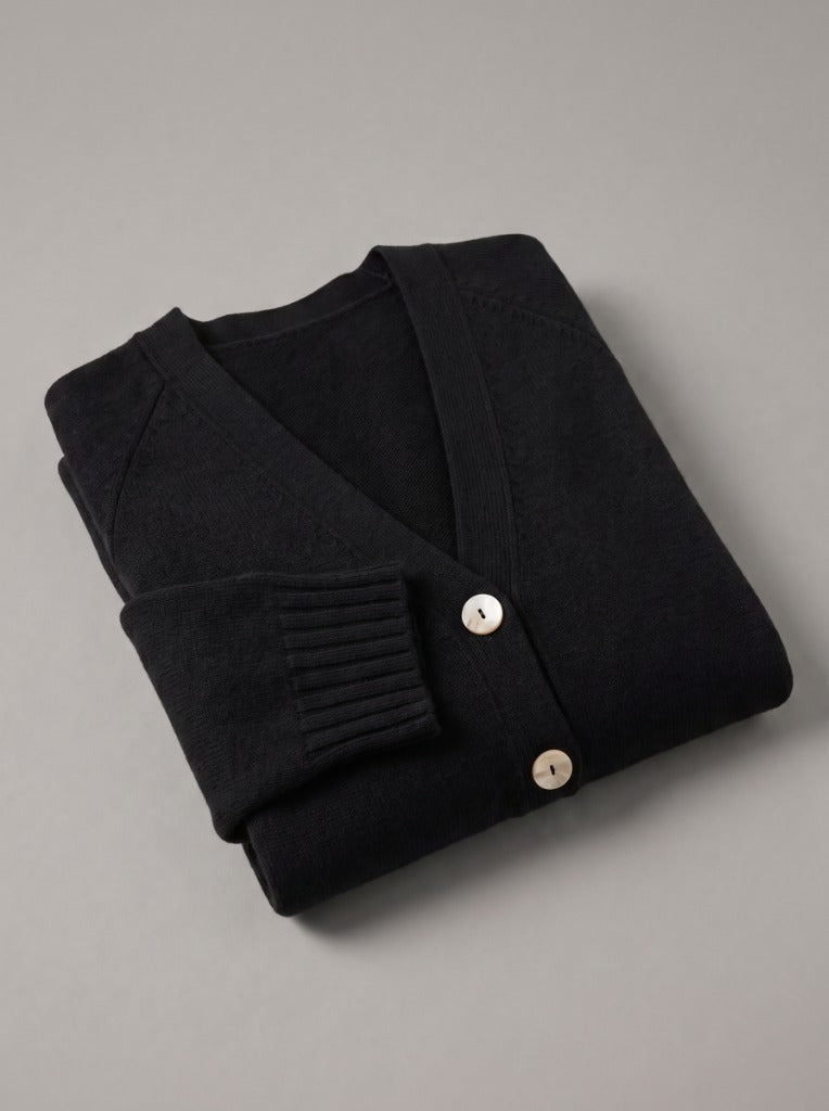 Merino Cardigan in Midnight, pure merino detail, knitted in Verona | Aeteria Edition 01
