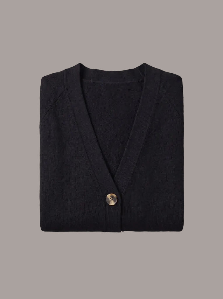 Oversized Cardigan in Midnight laid flat, pure merino, Aeteria Edition 01